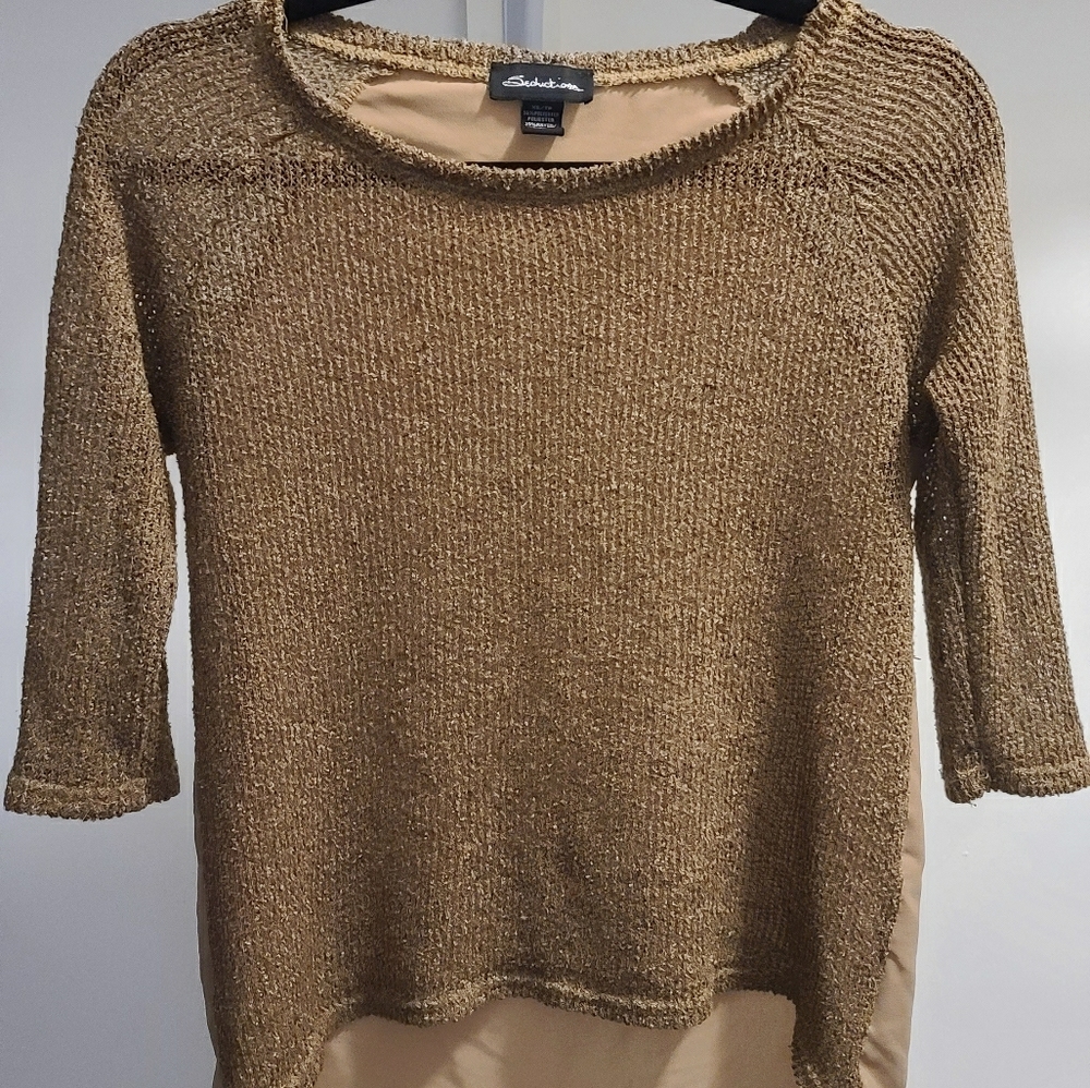 Tan Knitted & Sheer Long Back Blouse